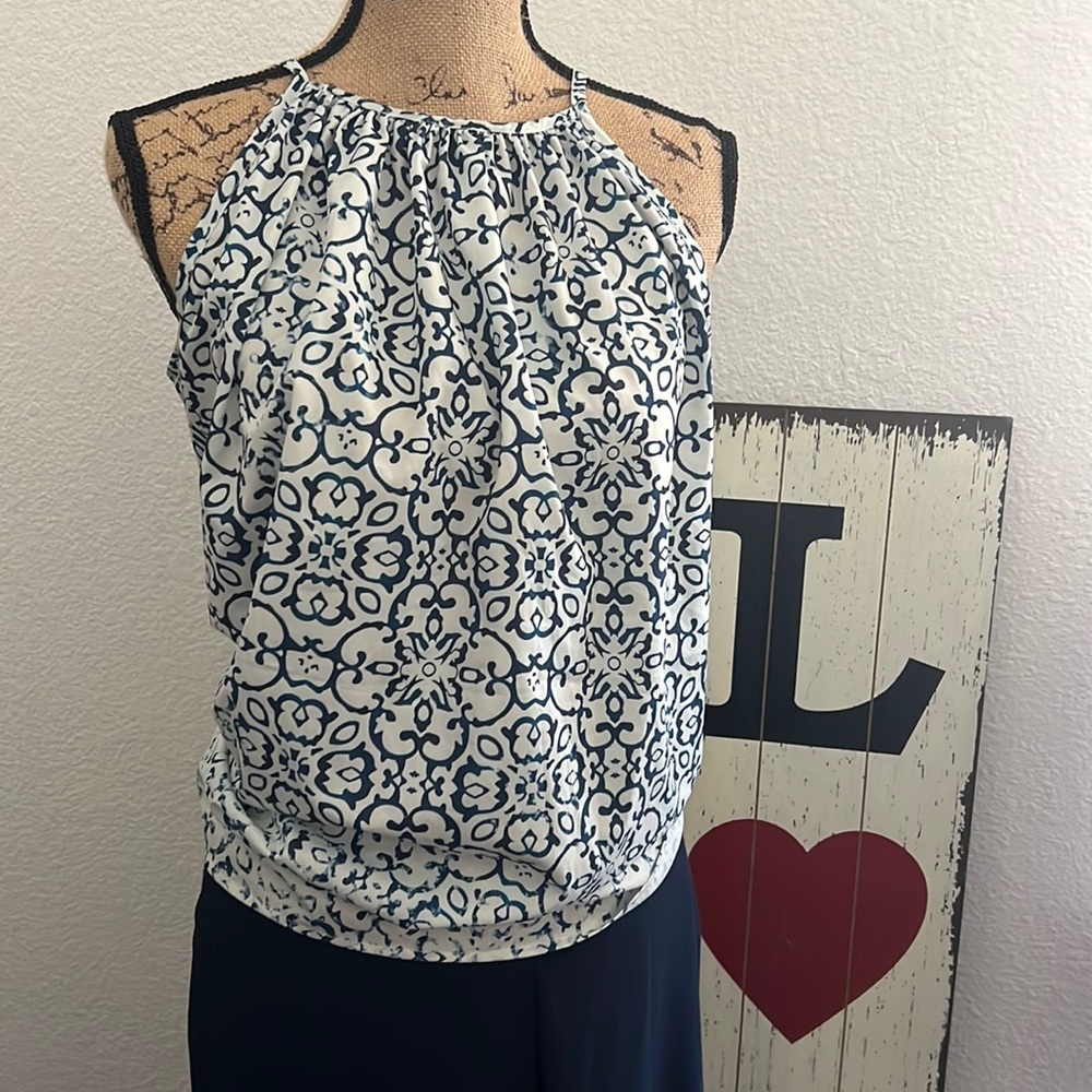 Navy blue & white top.